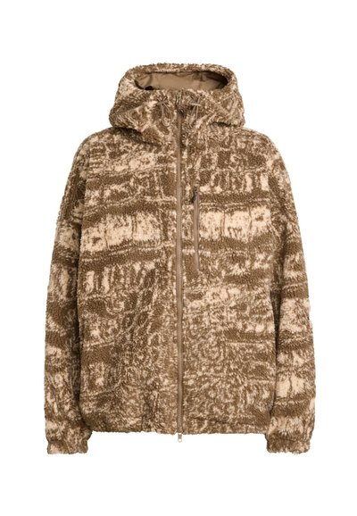 Fleece-gevoerde hoodie in beige en bruin met een gestructureerd patroon, een ritssluiting aan de voorkant en zakken, elastische manchetten en een losse pasvorm.