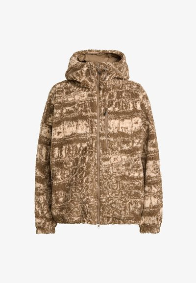 Fleece-gevoerde hoodie in beige en bruin met een gestructureerd patroon, een ritssluiting aan de voorkant en zakken, elastische manchetten en een losse pasvorm.