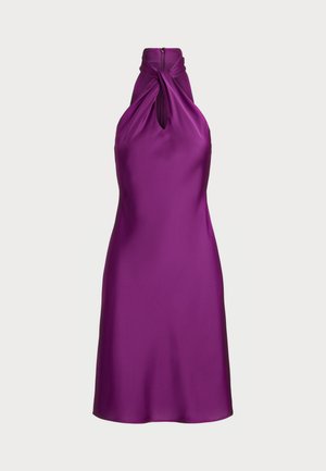 Purple satin halter dress featuring a twist neckline and keyhole detail, with a streamlined A-line silhouette and hidden back zip closure.