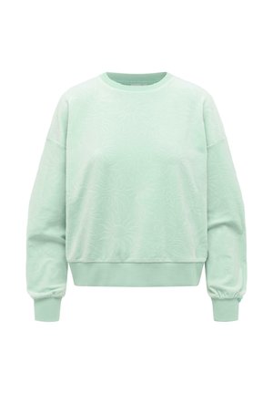 Felpa a maniche lunghe verde menta chiaro con polsini e orlo a costine, caratterizzata da un delicato motivo floreale in rilievo sul davanti.