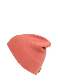 Coral beanie hat made of soft knit fabric. Slouchy design with a smooth texture, featuring a small branded leather tag.