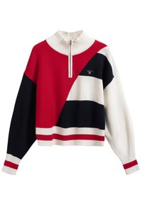 Maglione a righe rosso, bianco e blu navy con colletto alto a coste, mezza zip e design a blocchi di colore geometrico; trama in maglia morbida.