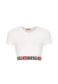 T-shirt bianca corta con maniche corte, caratterizzata da una fascia elastica con logo nera e rossa. Tessuto liscio con scollatura rotonda.