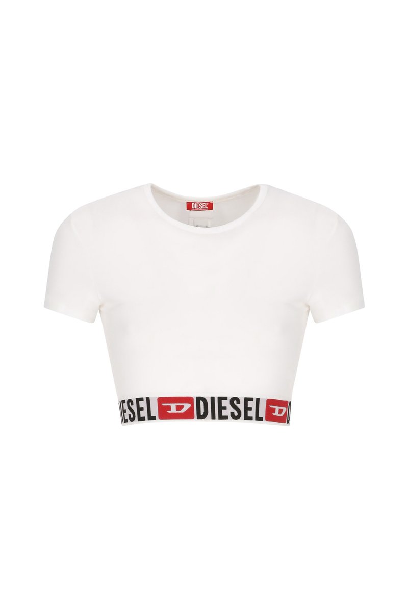 T-shirt bianca corta con maniche corte, caratterizzata da una fascia elastica con logo nera e rossa. Tessuto liscio con scollatura rotonda.