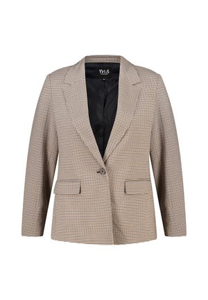 Blazer à motif pied-de-poule marron et beige, manches longues, revers crantés, fermeture à un bouton, et deux poches à rabat à l'avant.