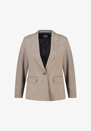 Blazer à motif pied-de-poule marron et beige, manches longues, revers crantés, fermeture à un bouton, et deux poches à rabat à l'avant.
