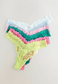 Lace thongs in light blue, pink, green, white, and neon yellow, featuring scalloped edges and floral pattern throughout.