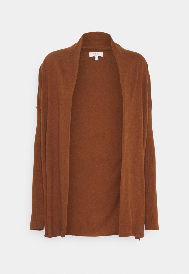 Cardigan marron ouvert sur le devant, confectionné en tricot doux, avec manches longues et coupe décontractée. Sans fermetures ; texture lisse et design épuré.