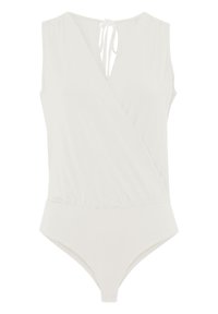 Bodysuit blanc sans manches avec un design à l'avant croisé, décolleté en V et fermeture à nouer au niveau de la nuque.