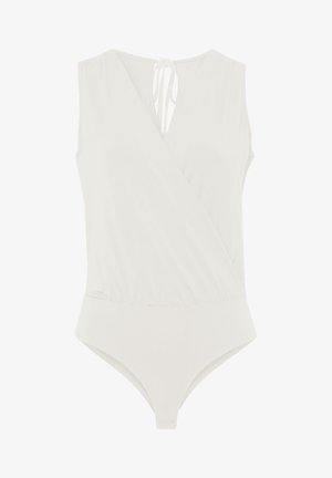 Bodysuit blanc sans manches avec un design à l'avant croisé, décolleté en V et fermeture à nouer au niveau de la nuque.