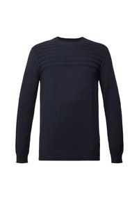 Marineblauw gebreide trui met een ronde hals en getextureerde horizontale strepen over de bovenborst. Geribbelde manchetten en zoom.