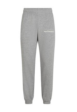 Gray sweatpants made from soft cotton, featuring an elastic waistband and cuffed ankles. The text "Surf Society" is printed on the left thigh.