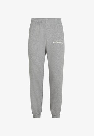 Gray sweatpants made from soft cotton, featuring an elastic waistband and cuffed ankles. The text "Surf Society" is printed on the left thigh.