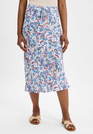 Floral paisley print skirt in lightweight fabric, featuring a drawstring waist, knee-length design, and vibrant blue, red, and purple patterns.