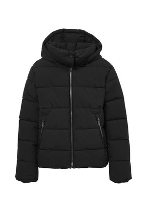 Giacca piumino nera con cappuccio, caratterizzata da un design trapuntato, zip frontale completa e due tasche laterali con zip. Materiale morbido e isolante.
