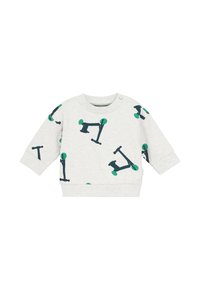 Sweatshirt gris clair à manches longues, présentant un motif ludique de scooters en bleu foncé et vert. Comprend une fermeture à pression à l'épaule.