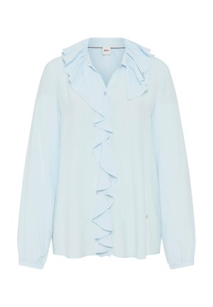 Hellblaue Bluse mit langen Ärmeln, Rüschenkragen und Knopfleiste vorne, elastischen Bündchen und lockerem Schnitt.