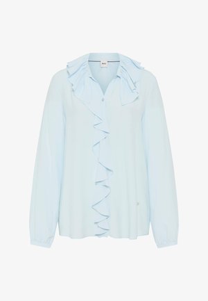 Hellblaue Bluse mit langen Ärmeln, Rüschenkragen und Knopfleiste vorne, elastischen Bündchen und lockerem Schnitt.