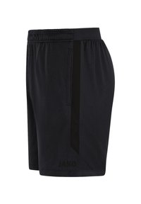 Zwarte sportshorts gemaakt van een lichtgewicht stof, met een zijpaneel van mesh en een elastische tailleband. "JAKO" logo gedrukt op de voorkant.