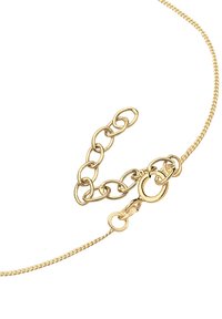Guldfarvet kæd necklace med et vævet design, en lobster clasp lukning og en struktureret overflade med runde led.
