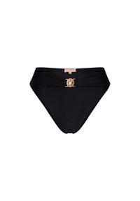 Svart bikiniunderdel med hög midja, med en vriden detalj fram och en guldlejon-symbol som accent. Slät textur.