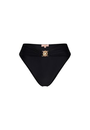 Slip bikini nero con un design a vita alta, caratterizzato da un dettaglio torciglione sul davanti e un accento hardware con emblema di leone dorato. Texture liscia.