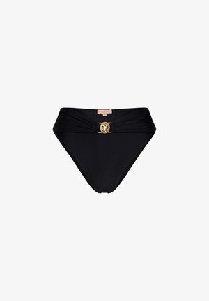 Sort bikini-bund med høj talje-design, der har en snoet detalje foran og et hardware-accent i form af en gylden løveemblem. Glat tekstur.