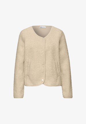 Beige, langärmelige Fleecejacke mit Knopfleiste, Rundhalsausschnitt und weich strukturierter Stoff.