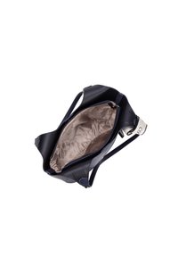 Borsa a mano in pelle blu navy con una texture liscia e due manici. L'interno è in tessuto beige con un delicato motivo a logo e chiusura con zip.