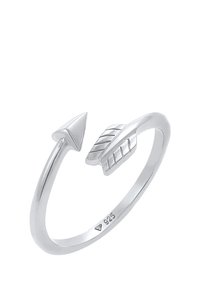 Sterling-Silberring mit einem Pfeilspitzen-Design an einem Ende und einer federähnlichen Schreibfeder am anderen Ende, mit einer glatten, polierten Oberfläche.