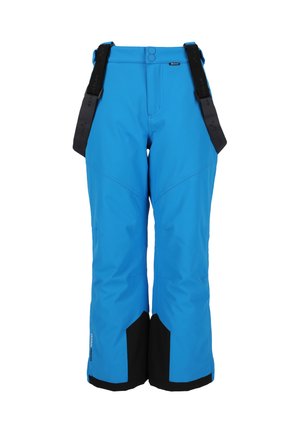 Pantalons de neige bleu vif avec des accents noirs, bretelles ajustables et coupe droite. Fabriqués à partir d'un matériau résistant aux intempéries.