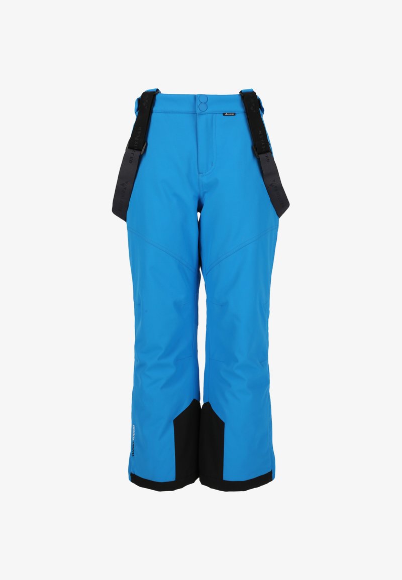 Klart blå snöbyxor med svarta detaljer, justerbara hängslen och rak byxdesign. Tillverkade av väderbeständigt material.