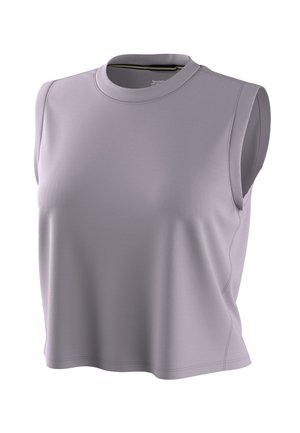 Ærmeløs lavendel crop top med rund hals og glat stof, designet til casual eller atletisk brug.