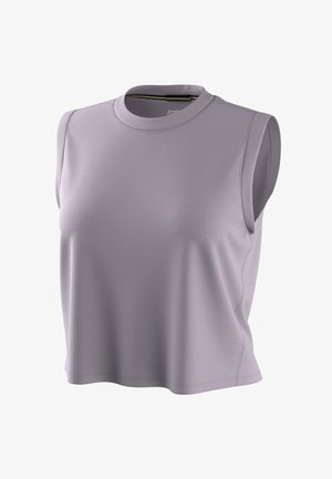 Ærmeløs lavendel crop top med rund hals og glat stof, designet til casual eller atletisk brug.