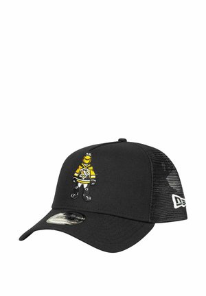 Black cap with a mesh back, featuring an embroidered yellow and black cartoon character in sports attire on the front.