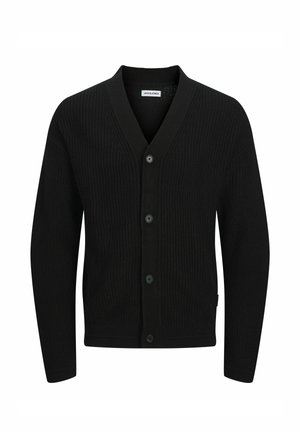 Black ribbed cardigan with a V-neck, front button closure, and long sleeves. Made of a textured material, featuring four buttons on the front.