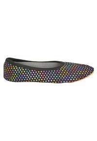 Ballerine noire avec des pois multicolores brillants et un bout arrondi, vue de profil sur un fond blanc.