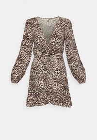 Pitkähihainen leopardikuosiset mini-mekko, syvällä V-pääntiellä, rypytyksellä rinnassa, vyötäröltä kootulla ja rypytetylle helmalle.