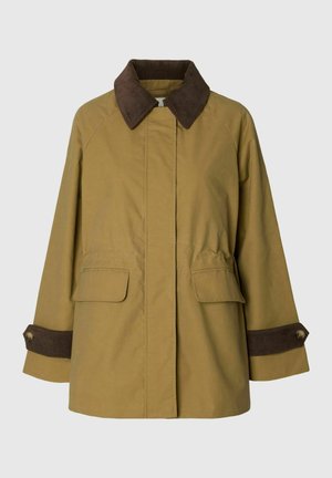 Kaki jakke med mørkebrun kordfløyelskrage og mansjetter, frontlommer med klaff og knappedetaljer på mansjettene.