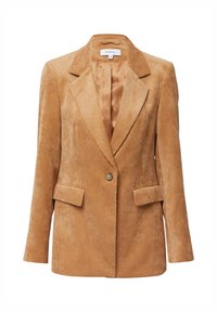 Kurtka sztruksowa w kolorze brązowym z klapą z wycięciem, dwoma przednimi kieszeniami, jednorzędowym zapięciem na guzik oraz podszewką przypominającą satynę. Teksturowany, usztywniony fason.