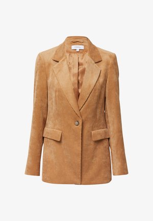 Blazer in velluto a coste color senape con rever intagliato, due tasche frontali, chiusura con un solo bottone e fodera interna satinata. Design strutturato e testurizzato.