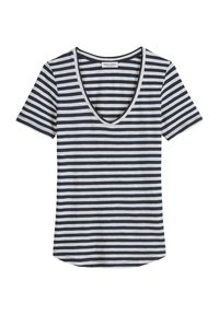 Marineblå og hvid stribet t-shirt med korte ærmer, v-hals, blødt stof, lige kant, afslappet design, etikette synlig ved halsudskæringen.