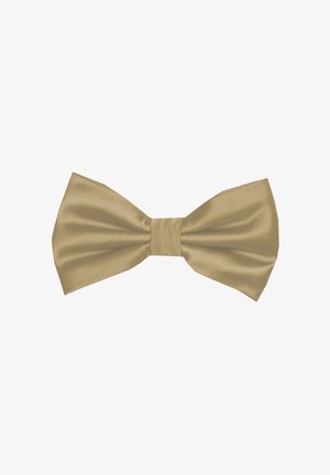 Gold satin bow tie with a smooth texture, classic shape, and a central knot, featuring wide, pointed ends and a glossy finish.