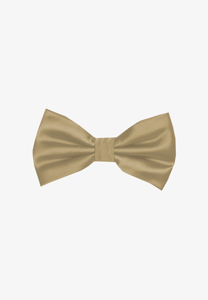 Goldfarbener Satinfliege mit glatter Textur, klassischer Form und zentralem Knoten, ausgestattet mit breiten, spitzen Enden und glanzvollem Finish.