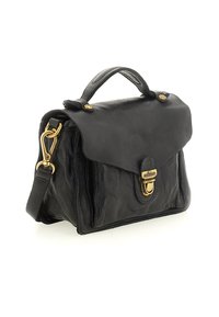 Borsa a tracolla in pelle nera con manico superiore, chiusura in tonalità oro e tracolla rimovibile su sfondo bianco.