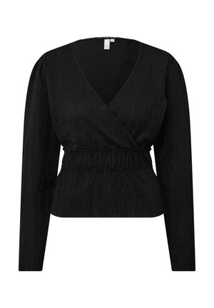 Haut wrap noir à manches longues en tissu texturé, avec un décolleté en V et une taille froncée pour un look ajusté. Fini lisse et légèrement brillant.