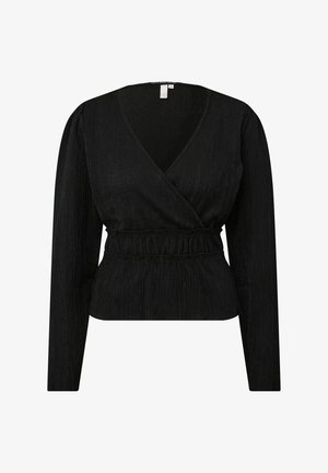 Schwarzes Langarm-Wickeloberteil aus strukturiertem Stoff, mit V-Ausschnitt und geraffter Taille für eine optimierte Passform. Glatte und leicht glänzende Oberfläche.