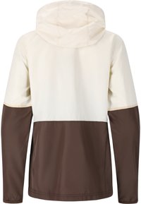 Hooded jacket met een crèmekleurig bovenstuk en een bruin onderstuk. Gemaakt van lichtgewicht, gladde stof met een eenvoudig ontwerp.