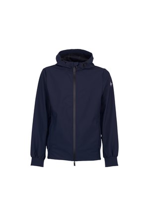 Granatowa kurtka z kapturem, zamkiem z przodu, elastycznymi ściągaczami i małym białym logo krzyża na górnej lewej rękawie.