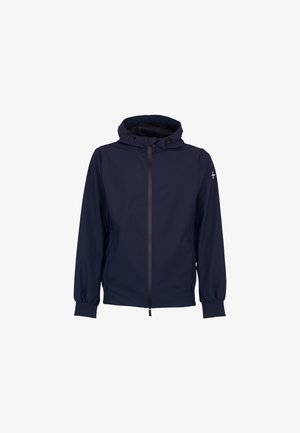 Granatowa kurtka z kapturem, zamkiem z przodu, elastycznymi ściągaczami i małym białym logo krzyża na górnej lewej rękawie.